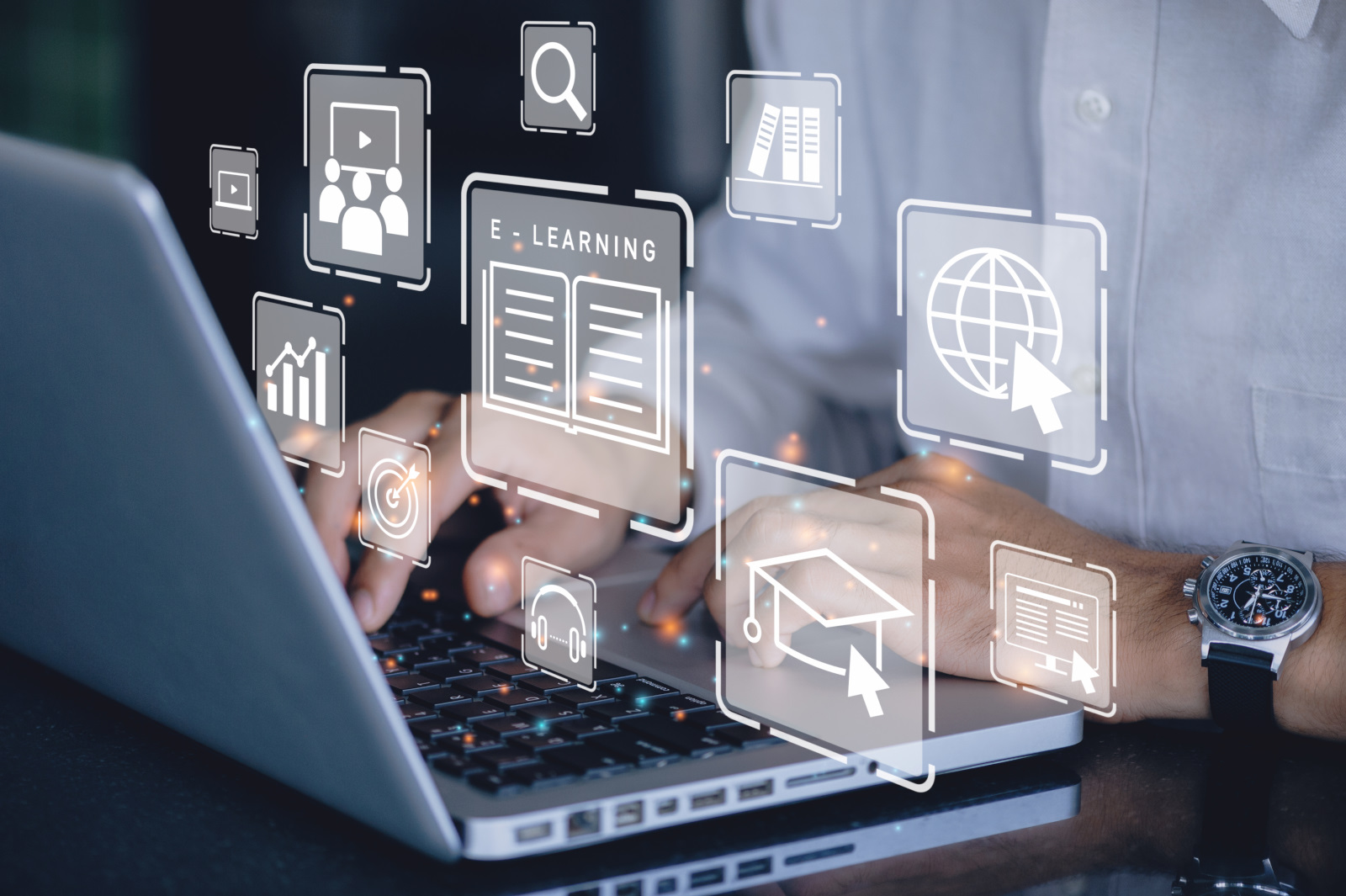 Businessman using a computer to webinar online, education on internet, Online Courses e-learning concept. Brigade