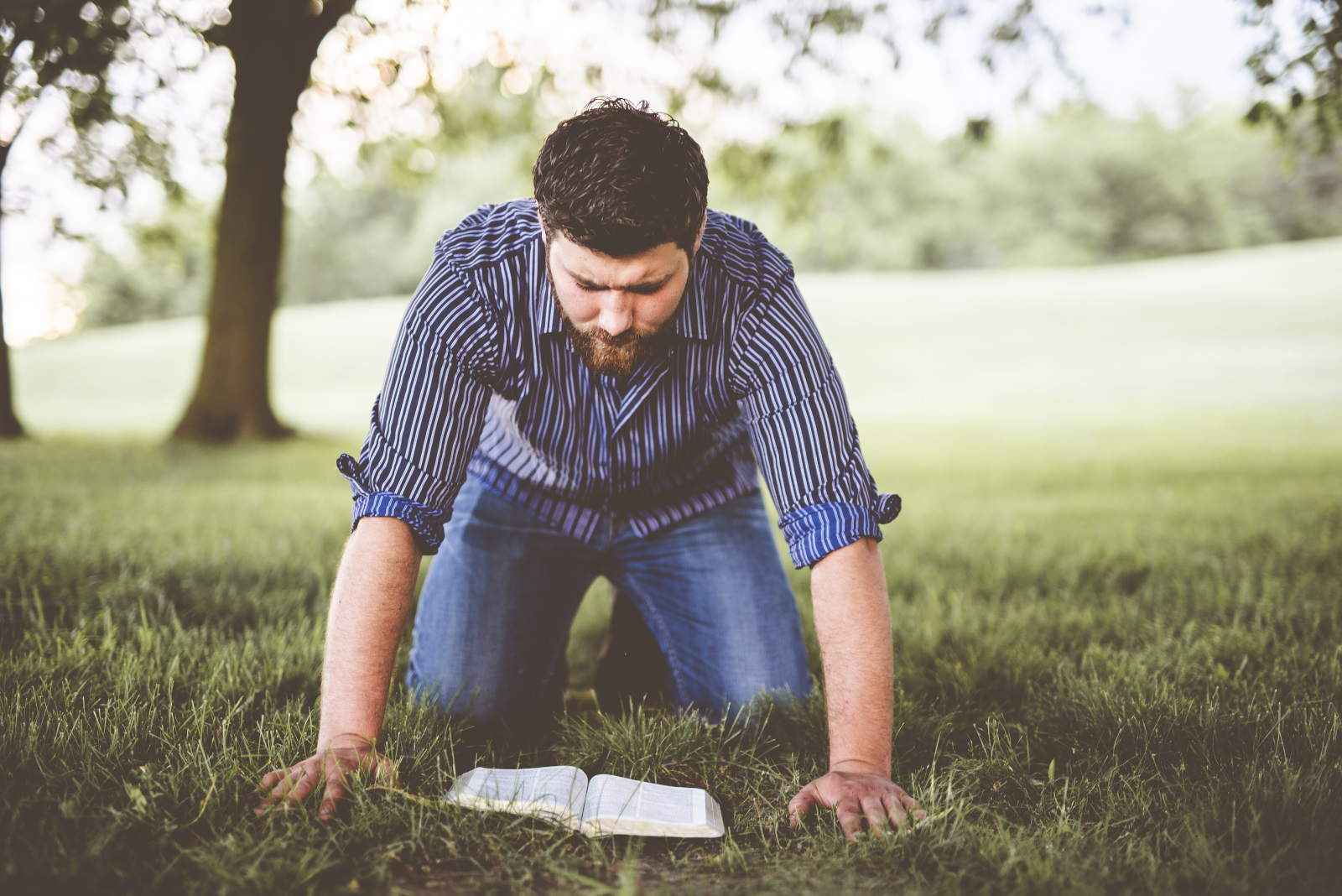 Closeup shot of a family down on the ground with the bible in front of his and a blurred background Brigade